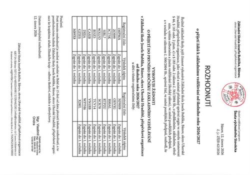 ROZHODNUTÍ O PŘIJETÍ ŽÁKŮ K ZÁKLADNÍMU VZDĚLÁVÁNÍ OD ŠKOLNÍHO ROKU 2026/2027